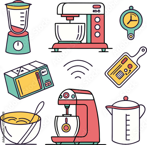 Assortment of kitchen appliances for cooking and baking, perfect for modern culinary projects with a touch of design and innovation