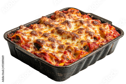 Close-up of lasagna baked in rustic tray isolated on transparent background