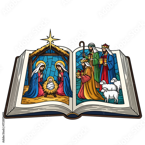 Vibrant illustration of the Christian Nativity story, depicting the sacred birth of Jesus with Mary and Joseph, and the Three Wise Men offering gifts, all brought to life within an open book