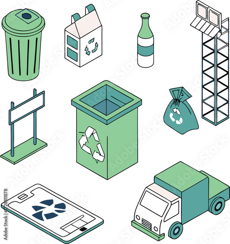 Eco-Friendly Recycling Collection Concept: Promote Sustainability with Modern Isometric Icons of Trash, Bins, Truck, and Recycling Symbols, Originally Vector Art