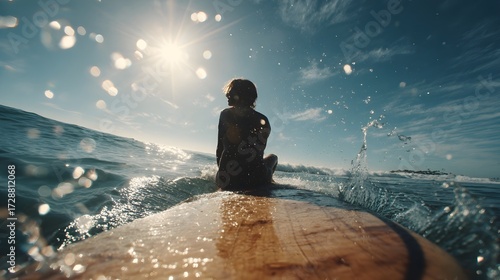 Fototapeta Naklejka Na Ścianę i Meble -  Surfer patiently waiting for the perfect wave, ocean view, sunny day, freedom, coastal lifestyle.