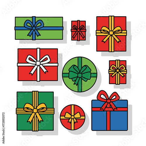 A collection of colorful gift boxes with ribbons and bows, seen from a top-down perspective, featuring various sizes and shapes.