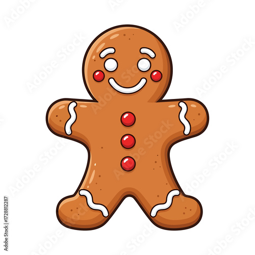 Cartoon gingerbread man with red buttons and white icing.