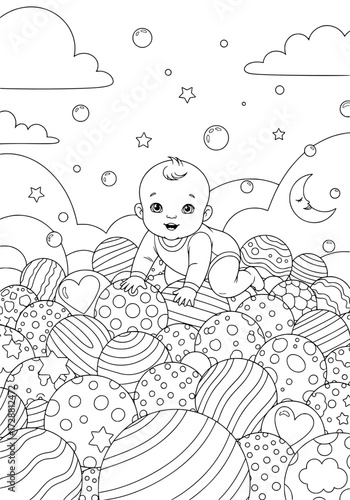 a baby crawls on a pile of balls. coloring book