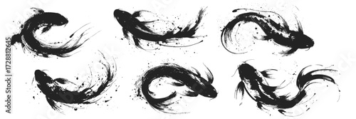 Asian koi carp ink painting grunge style illustration with traditional Japanese brush strokes