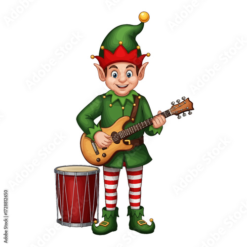 A cheerful cartoon Christmas elf in a green costume plays an electric guitar next to a red drum.