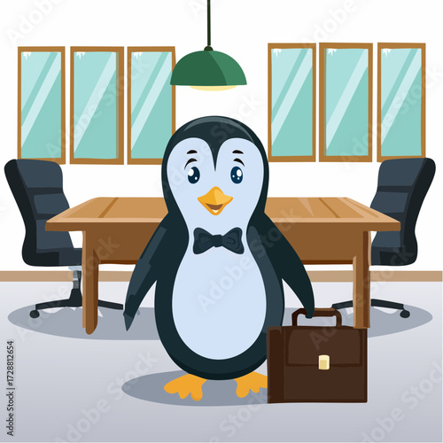 A penguin in a bow tie walking into a boardroom carrying a briefcase.