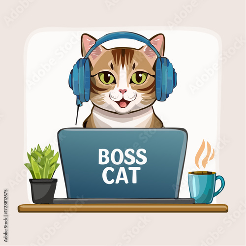 A cat wearing headphones sitting behind a laptop with a coffee mug labeled �Boss Cat.�