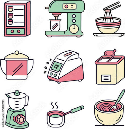 Modern kitchen appliances and food icons perfect for restaurant menus, cooking blogs, and culinary branding projects with clean lines