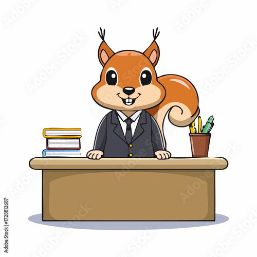A squirrel in a tiny suit sitting at a desk with miniature office supplies.