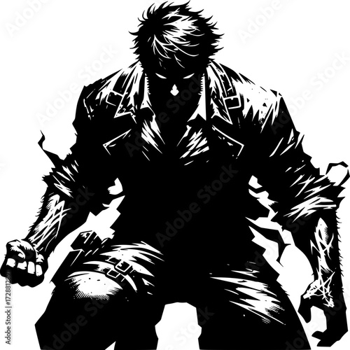 Shadowy Warrior: A powerful illustration depicts a fierce warrior silhouetted against a stark background, embodying strength and determination.