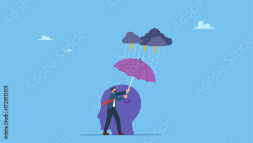 Human head with his self using umbrella to protect from heavy raining storm depression. Mental health protection, depression or anxiety control or cure, help, support mental illness suffering.
