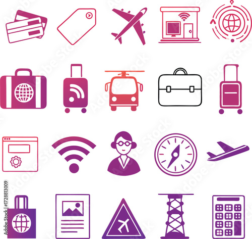 Travel essentials and business trip icons in vibrant gradient style, perfect for websites, apps, and travel marketing materials