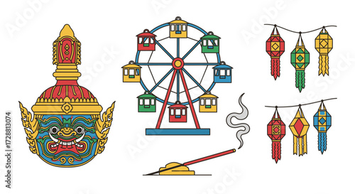 Colorful Lanterns, Ferris Wheel, Incense in a Vibrant Atmosphere