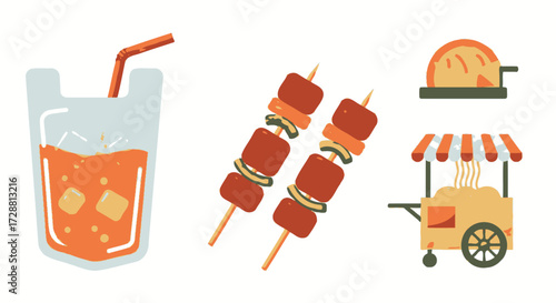Refreshing Drinks and Grilled Skewers at a Street Food Festival