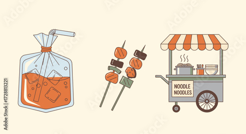 Tasty Noodles and Refreshing Drinks from a Vibrant Food Cart