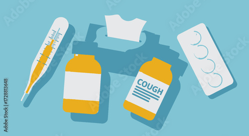 Medicine, Thermometer, Tissues on Blue Background - Digital Illustration for Health Awareness
