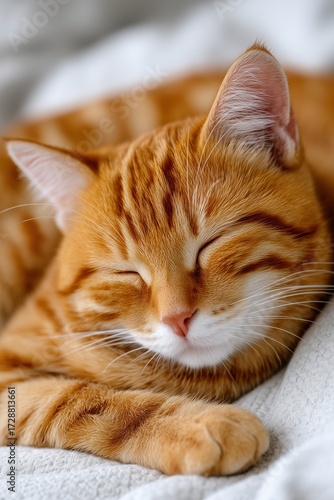 Cute Ginger Cat Sleeping Peacefully on Blanket