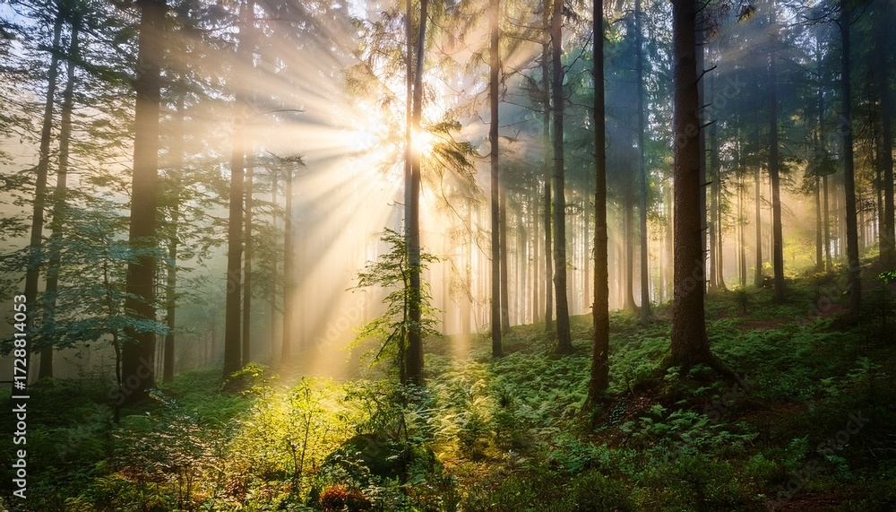 Obraz premium sunlight streams through a misty forest 1