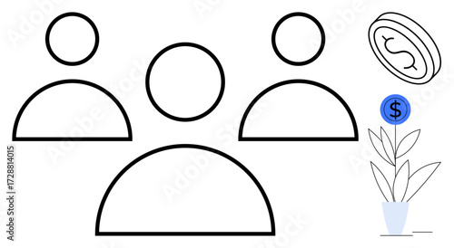 Three simple human figures connected, coin, and money plant sprouting a blue dollar. Ideal for teamwork, growth, finance, investment, saving collaboration innovation. A minimal flat metaphor