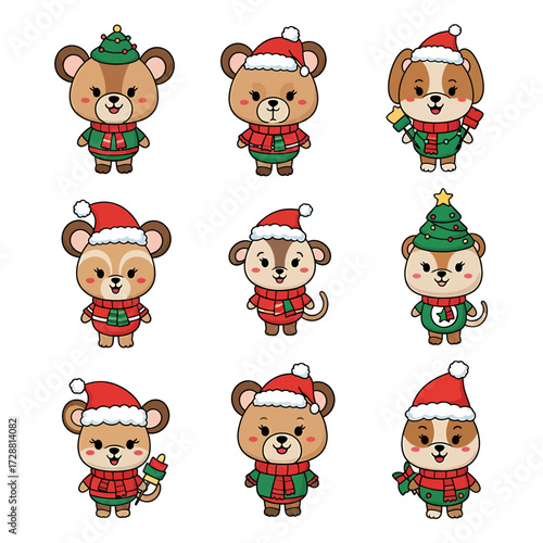 A collection of nine cute cartoon animals, including bears, deer, and dogs, dressed in festive Christmas outfits with Santa hats and sweaters.