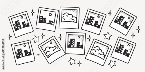 Whimsical polaroid snapshots capture cityscapes and fluffy clouds, surrounded by sparkling stars, evoking nostalgic memories and dreamy adventures, perfect for creative projects