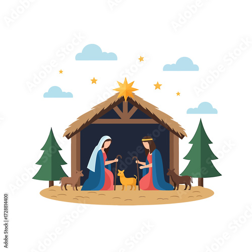 Cartoon Nativity scene with Mary, Joseph, and a lamb in a stable under a star, flanked by trees and animals.