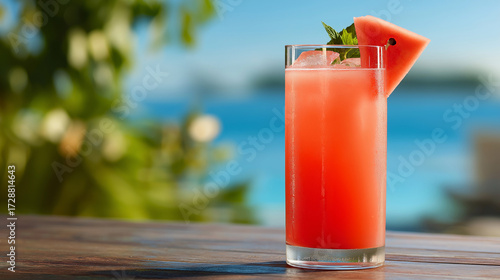 Watermelon Cocktail with Mint by the Beach
