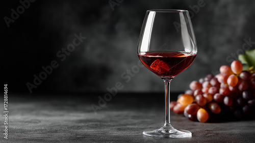 Red Wine in Stem Glass with Grapes on Dark Background
