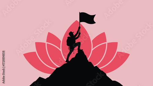 Triumphant hiker plants flag on mountain summit, celebrating achievement with serene lotus bloom backdrop