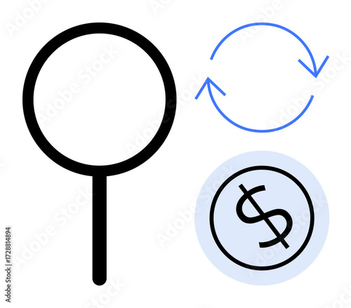 Magnifying glass for search, dollar sign for money, circular arrows for cycle. Ideal for finance, business, data analysis, investment, economics, search optimization simple flat metaphor