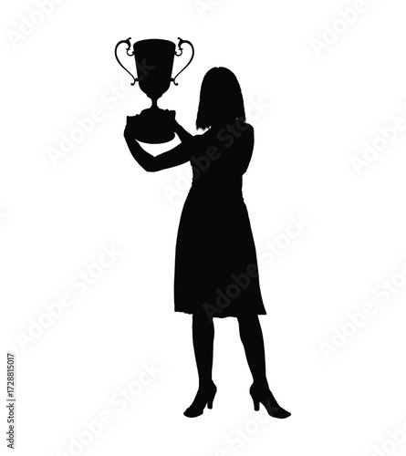 Young woman girl in skirt holding trophy celebrating winning competition vector black silhouette on white background.