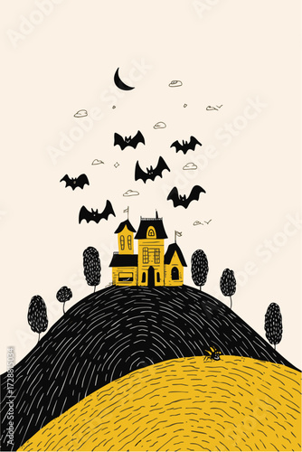Whimsical doodle style haunted house illustration with flying bats and spooky halloween night scene