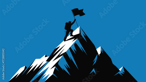 Triumphant climber plants flag atop a snowy mountain peak celebrating ultimate achievement and success against a vibrant blue sky