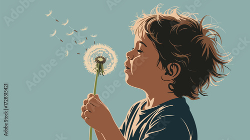 Joyful child blowing dandelion seeds into the wind, symbolizing hope, dreams, and new beginnings in a serene, artistic style.