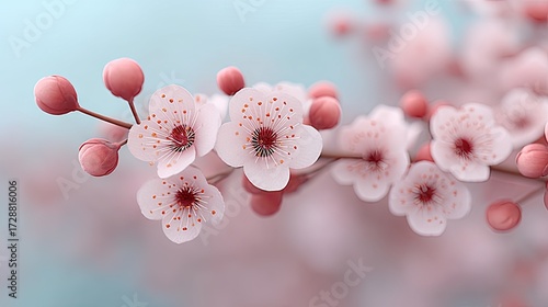 Delicate Pink Cherry Blossoms on Branch Against Soft Blue Sky Background