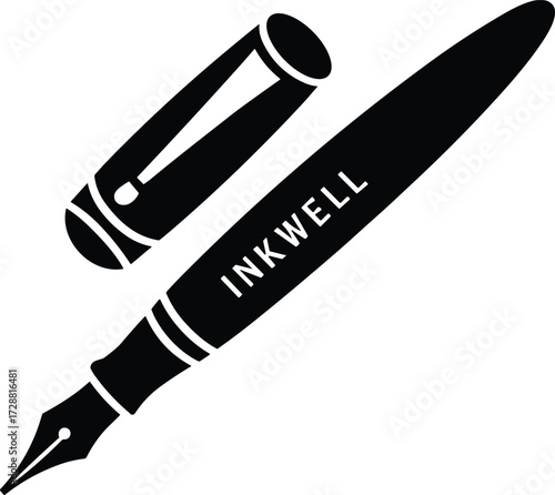  Classic fountain pen with inkwell text, black silhouette illustration, vintage writing instrument, elegant stationery design, calligraphy art tool, isolated vector image