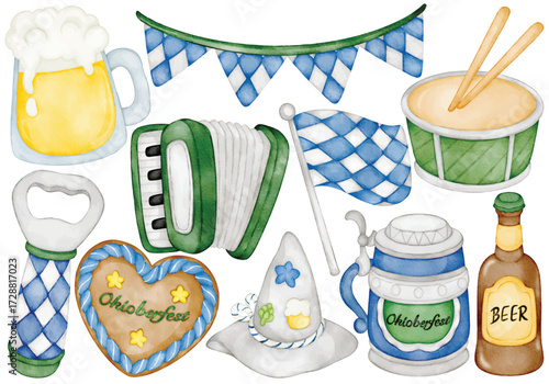 Watercolor oktoberfest clip art illustration with beer mug bottle stein pretzel gingerbread drum accordion flag hat and bavarian festival element