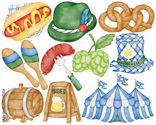Watercolor oktoberfest clip art illustration with sausage hotdog pretzel beer barrel hop tent hat maracas and bavarian festival element