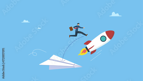 Ambitious businessman jump from old origami airplane to growing up rocket. Change to better company, innovation to help success or career change to new path, alternative way or direction.