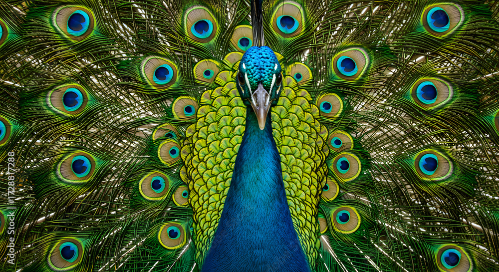Obraz premium Majestic Peacock Displaying Iridescent Train Feathers Close Up