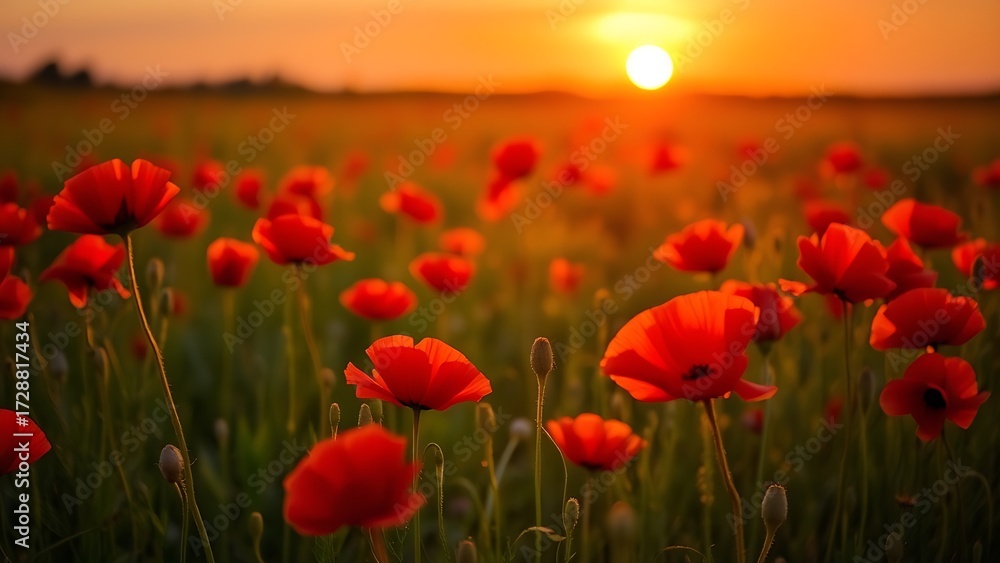 Fototapeta premium Vibrant red poppies glowing under the golden light of a sunset.