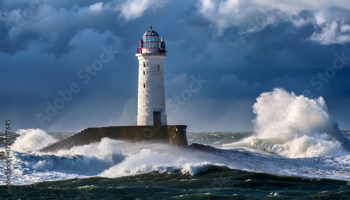 lighthouse amidst a turbulent sea with billowing waves and gale force winds