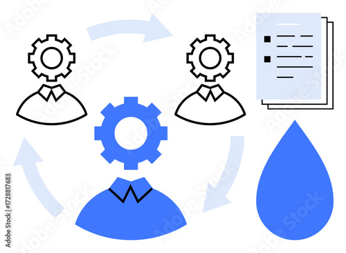 Gear-headed figures connected by arrows, representing teamwork, resource management, and task handoff. Includes water drop and documents. Ideal for teamwork, management, sustainability