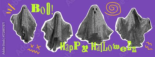 Halloween spooky ghost elements. Grunge halftone designs