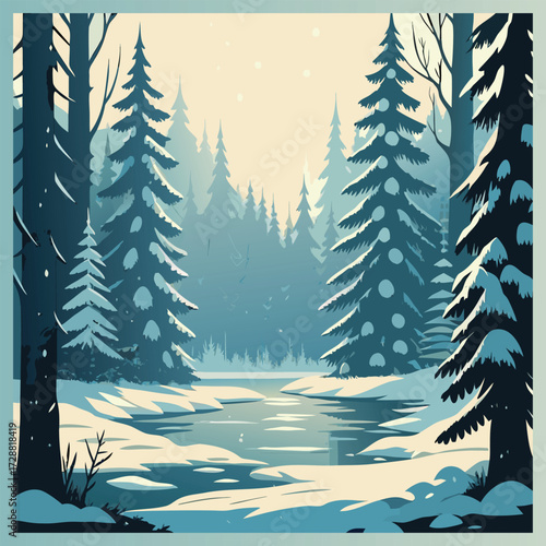Tranquil winter nature scene with frosted trees and icy pond.eps
