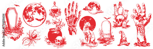 Halloween elements set, vintage horror illustration collection