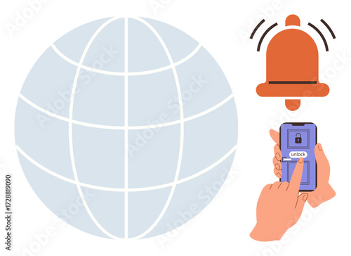 Globe with digital notification bell, hand unlocking smartphone. Ideal for communication, worldwide access, cybersecurity, online alerts, technology, mobile usability, simple flat metaphor