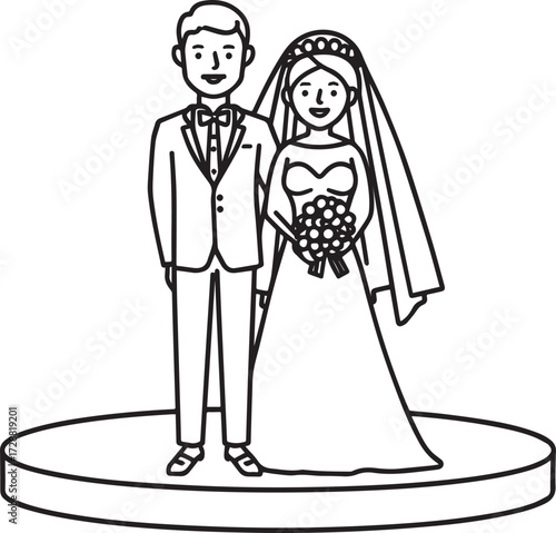 Vector line art of bride and groom in traditional wedding attire. EPS-ready for culture, celebration, and couple themes. Perfect for editorial and festive design use.