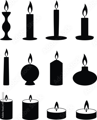  Collection of candle silhouettes with flames, black vector illustration, decorative candle set, burning wax lights, romantic ambiance design, isolated icons for spiritual, holiday, celebration